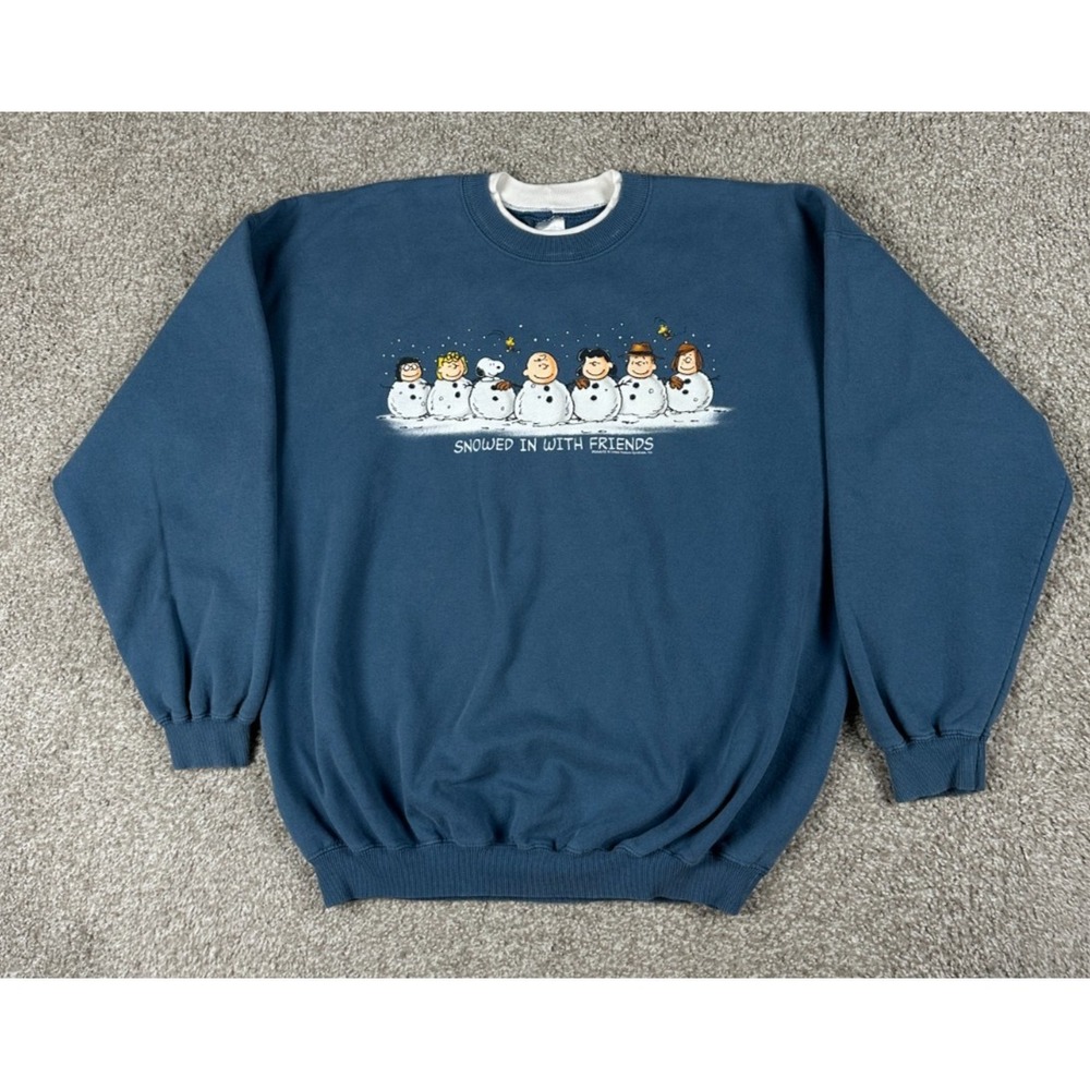 VTG Peanuts Sweatshirt Adult XL Blue Snoopy Charlie Brown Snowed In With Friends